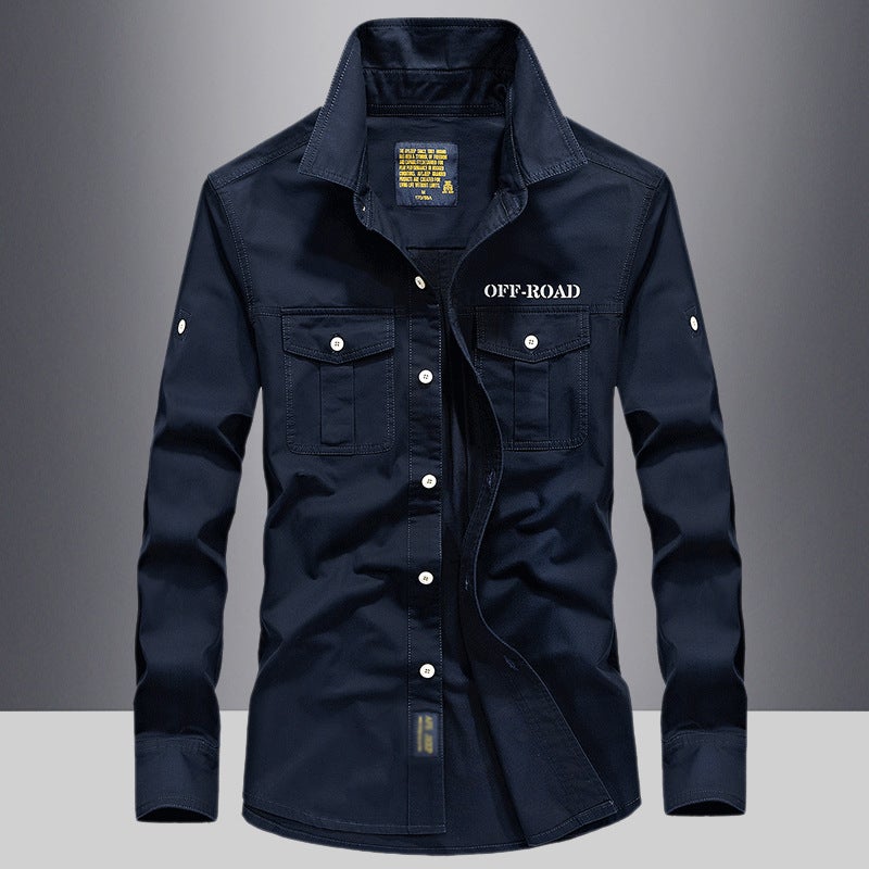 Military Long-sleeved Shirt Mens 2024 Spring  Fall Casual Mens Cotton Loose Pure Color Work Shirt Youth Top Dark blue 7-001 