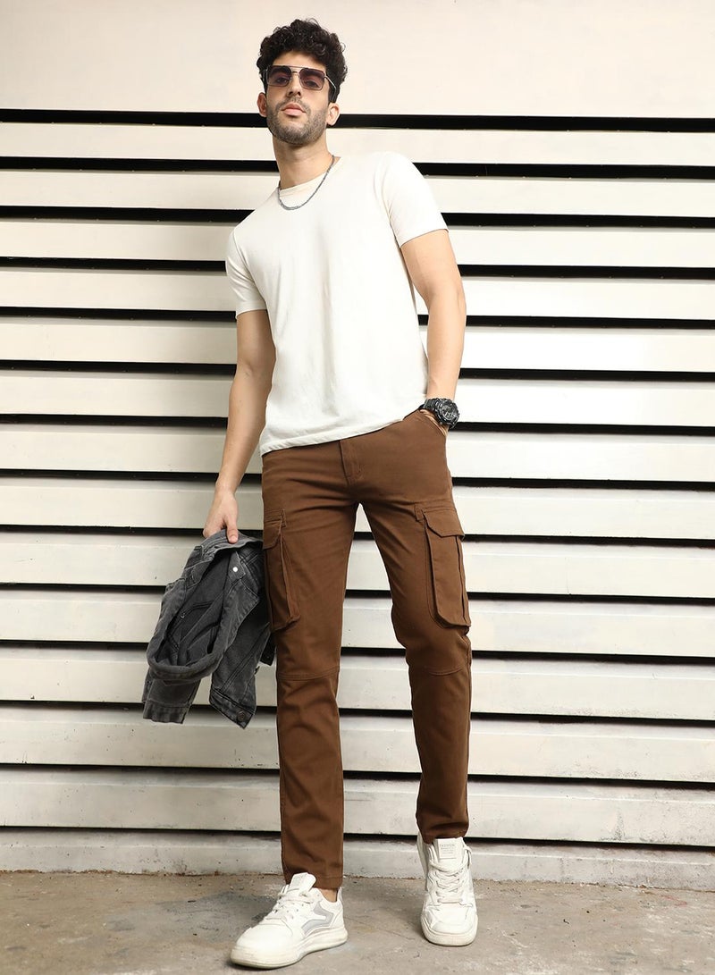HIGH STAR Men's Brown Cotton Blend Solid Pattern Full Length Chinos Regular Fit Trouser  - Image 1