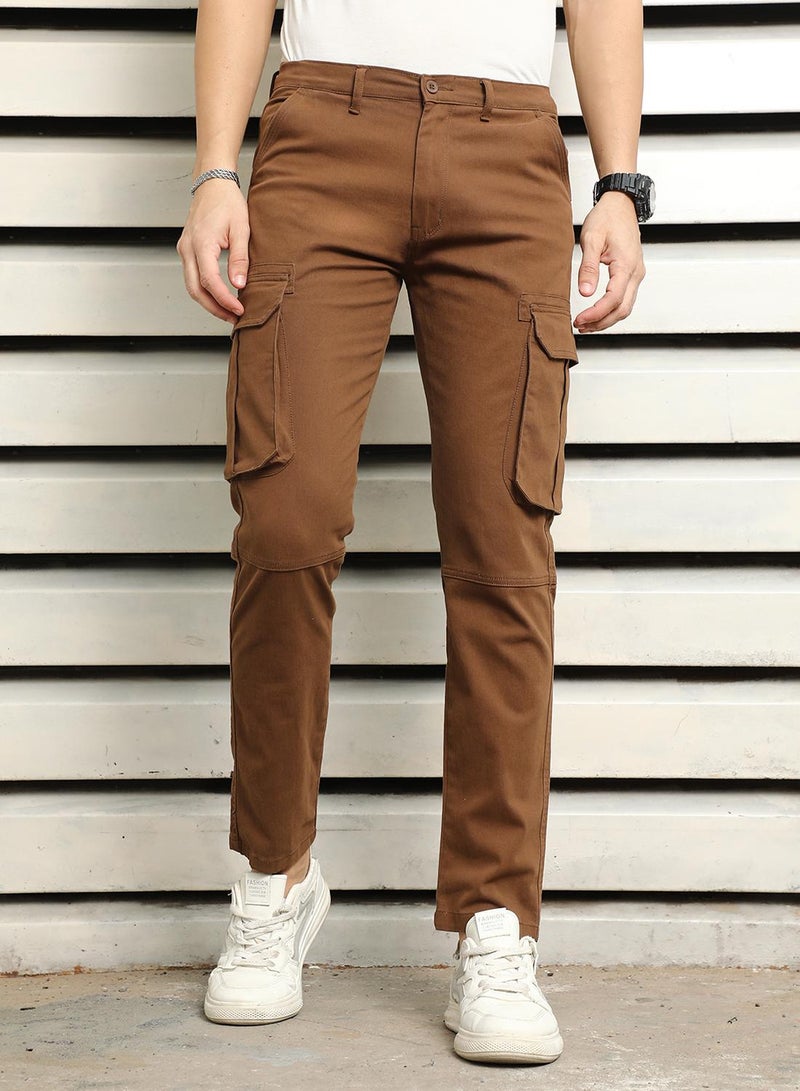 HIGH STAR Men's Brown Cotton Blend Solid Pattern Full Length Chinos Regular Fit Trouser  - Image 2