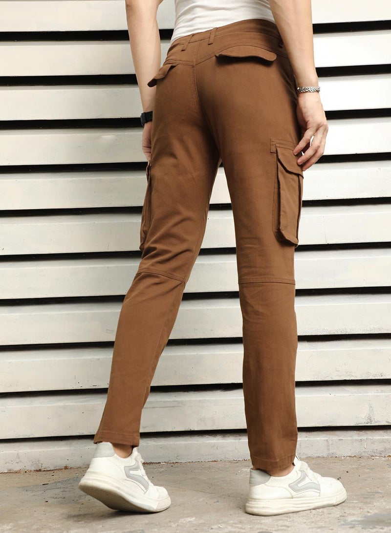 HIGH STAR Men's Brown Cotton Blend Solid Pattern Full Length Chinos Regular Fit Trouser  - Image 4