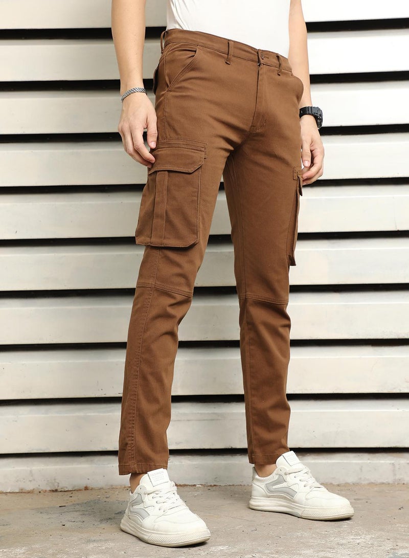 HIGH STAR Men's Brown Cotton Blend Solid Pattern Full Length Chinos Regular Fit Trouser  - Image 3