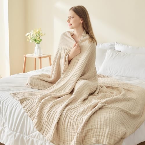 EMME Cotton Throw Blanket for Couch Soft Muslin Blankets 50"x60" Lightweight Breathable Blanket All Season Gauze Blanket, Light Tan - Image 4