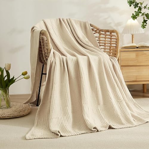 EMME Cotton Throw Blanket for Couch Soft Muslin Blankets 50"x60" Lightweight Breathable Blanket All Season Gauze Blanket, Light Tan - Image 2