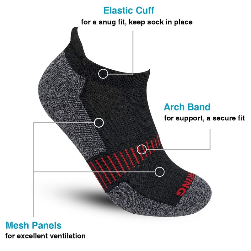 BERING Men's Athletic Running Ankle Socks Cushioned Heel Tab, Size 9-12, Black, 6 Pairs - Image 2