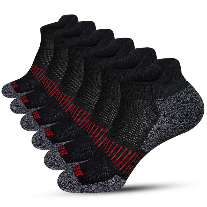 BERING Men's Athletic Running Ankle Socks Cushioned Heel Tab, Size 9-12, Black, 6 Pairs - Image 1