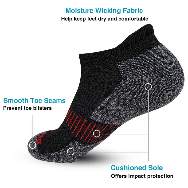 BERING Men's Athletic Running Ankle Socks Cushioned Heel Tab, Size 9-12, Black, 6 Pairs - Image 3