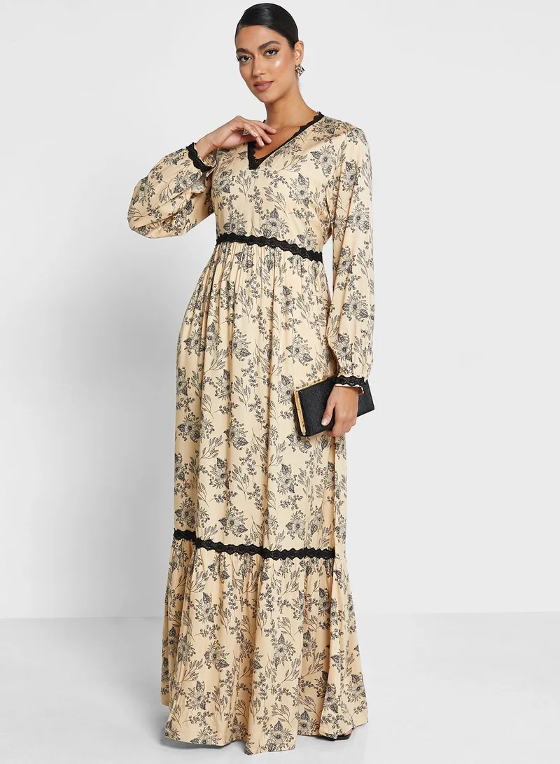 KASHKHA Floral Printed Tiered Jalabiya
