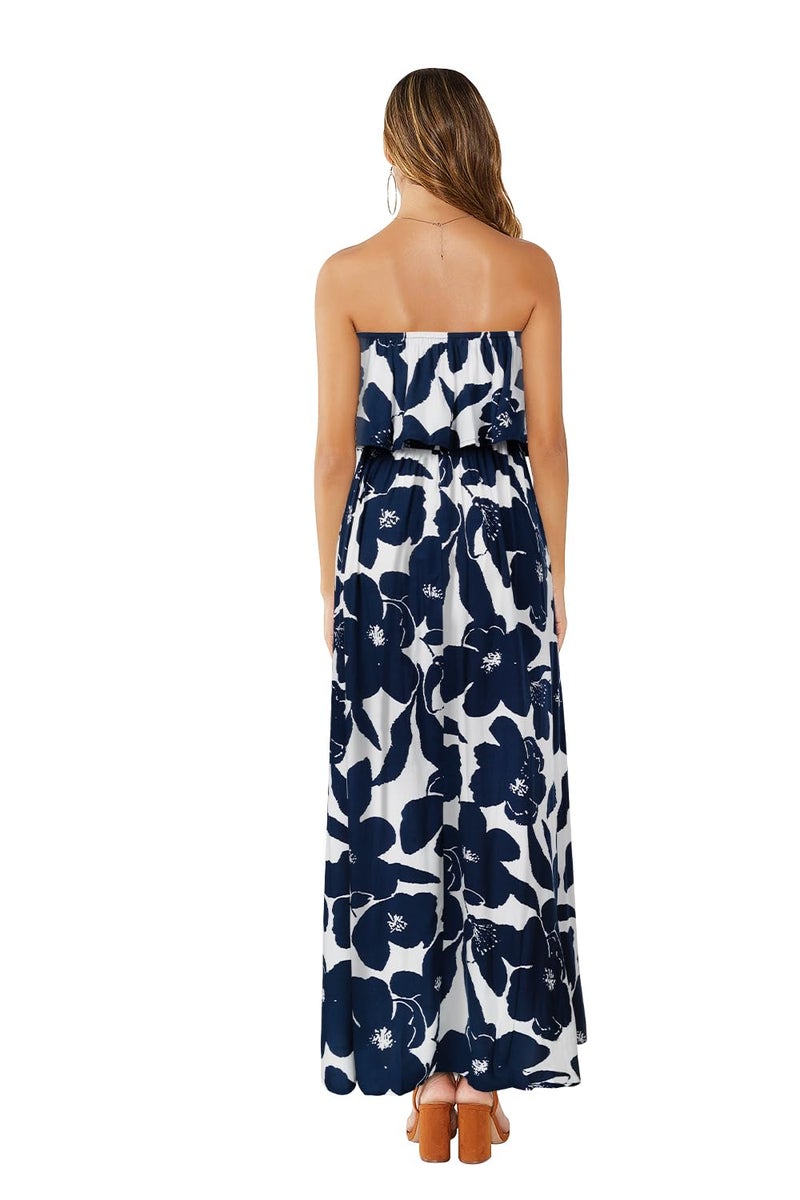 ZMPSIISA Women's Summer Off The Shoulder Maxi Dress Ruffle Strapless Blue White Porcelain Boho Casual Loose Long Dresses(A-Navy Flower,Large) - Image 2