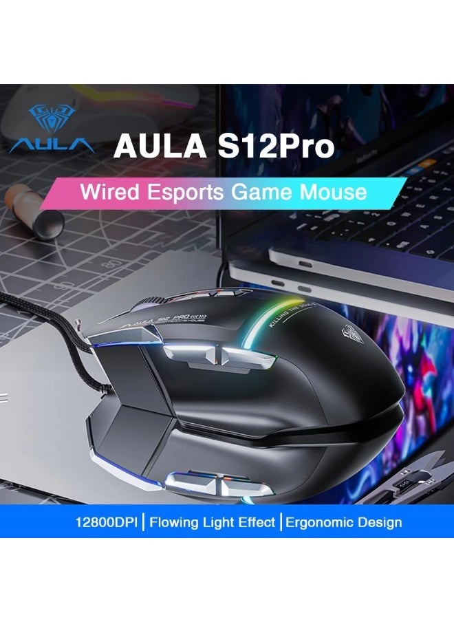 ماوس ألعاب S12 Pro RGB، مستشعر بصري 12800 نقطة في البوصة، معدل استطلاع 1000 هرتز، 8 أزرار قابلة للبرمجة، يدعم البرنامج زر إطلاق النار السريع