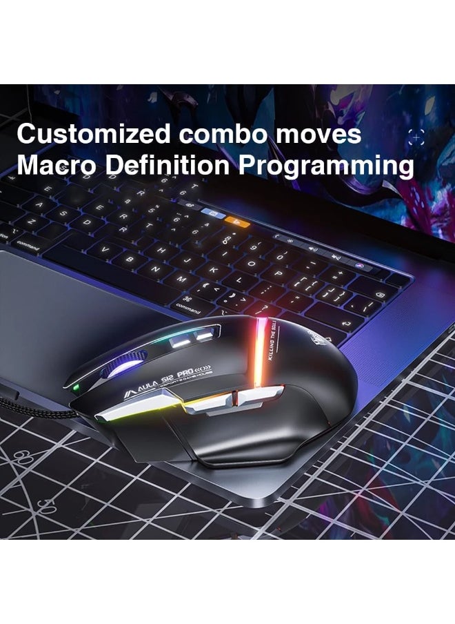 ماوس ألعاب S12 Pro RGB، مستشعر بصري 12800 نقطة في البوصة، معدل استطلاع 1000 هرتز، 8 أزرار قابلة للبرمجة، يدعم البرنامج زر إطلاق النار السريع