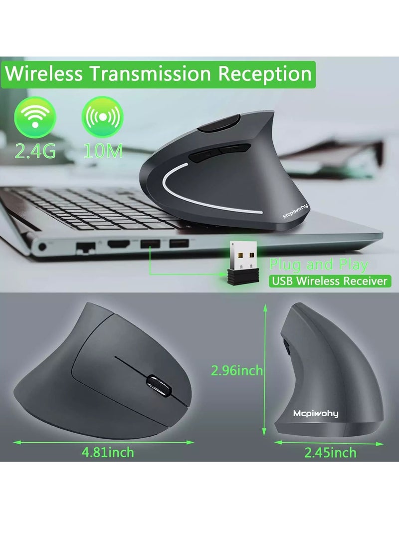 مكبيوهي - ماوس Vertical Wireless Rechargeable Mouse، مستشعر بصري 2400 نقطة في البوصة، نقرات صامتة (رمادي) - Image 1