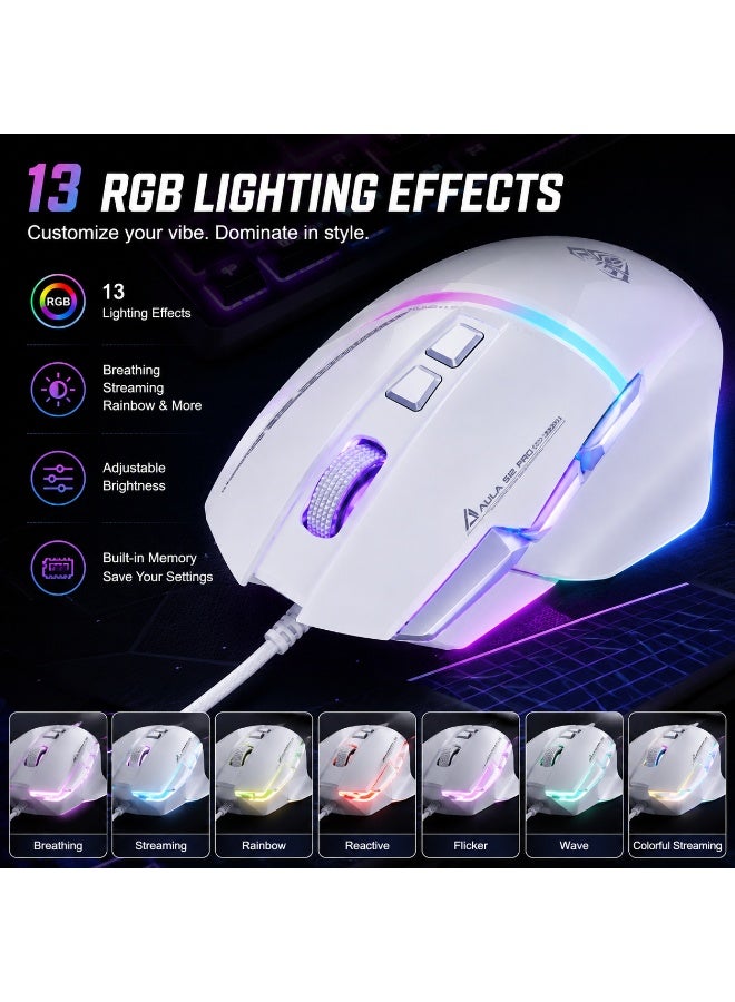 أولا ماوس الألعاب S12 Pro RGB – مستشعر بصري بدقة 12800 نقطة في البوصة، معدل استجابة 1000 هرتز، 8 أزرار قابلة للبرمجة (أبيض) - Image 3