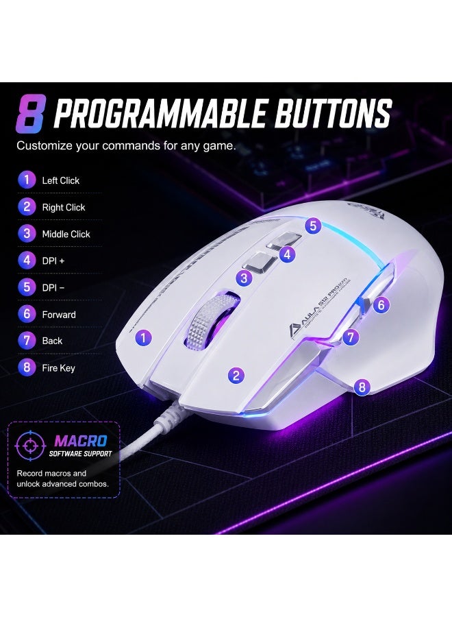 أولا ماوس الألعاب S12 Pro RGB – مستشعر بصري بدقة 12800 نقطة في البوصة، معدل استجابة 1000 هرتز، 8 أزرار قابلة للبرمجة (أبيض) - Image 4