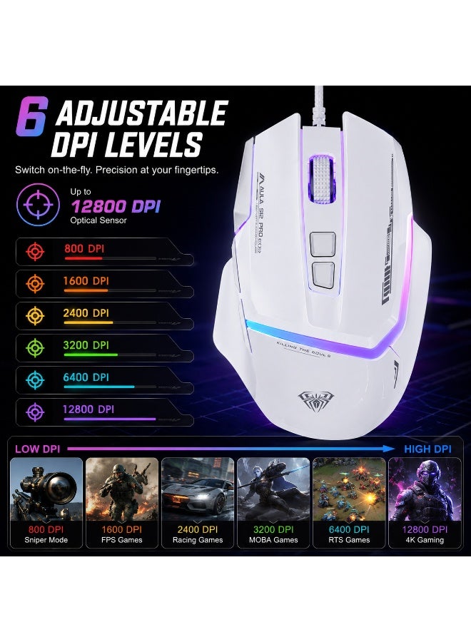 أولا ماوس الألعاب S12 Pro RGB – مستشعر بصري بدقة 12800 نقطة في البوصة، معدل استجابة 1000 هرتز، 8 أزرار قابلة للبرمجة (أبيض) - Image 5