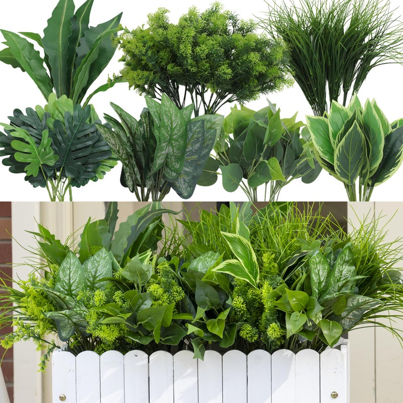 18 Bundles Artificial Plants Outdoor Faux Bushes Plastic Fake Greenery Stems Shrubs UV Resistant for Indoor Outside Hanging Plants Front Porch Home Garden Window Box Spring Summer Decor
