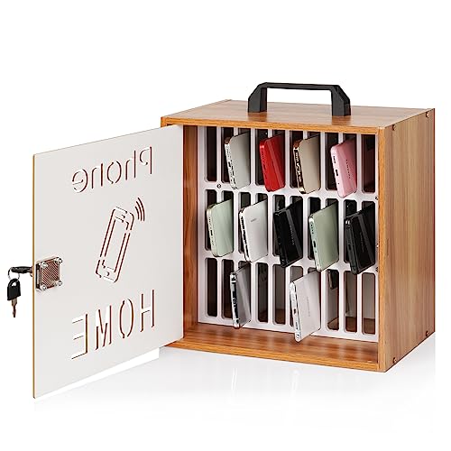 Lzttyee Cell Phone Holder Classroom 33 Slots Wooden Cell Phone Storage Cabinet Pocket Chart with Handle and Security Lock for Classroom Office (33 Grid Cabinet Cherry) - Image 1