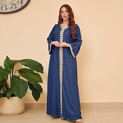 FPOVFPO Womens Muslim Abaya Dress One-Piece V Neck Bronzing Dress Islamic Full Length Kaftan Daily Casual Dress Dark Blue - Image 2