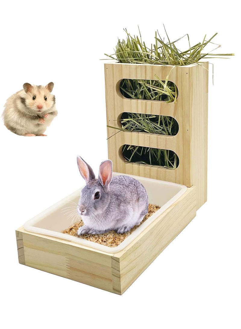 Rabbit Hay Feeder with Litter Box Wooden Food Feeding Manger Bunny Hay Dispenser Small Animals Grass Holder for Hamsters - Image 1