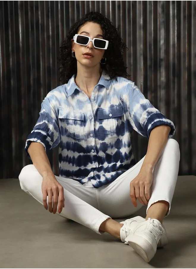 HIGH STAR Women Relaxed Spread Collar Tie and Dye Printed Cotton Boxy Fit Casual Shirt