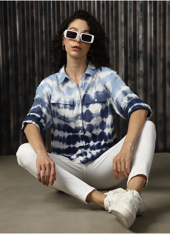HIGH STAR Women Relaxed Spread Collar Tie and Dye Printed Cotton Boxy Fit Casual Shirt  - Image 2