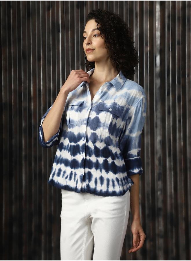 HIGH STAR Women Relaxed Spread Collar Tie and Dye Printed Cotton Boxy Fit Casual Shirt  - Image 3