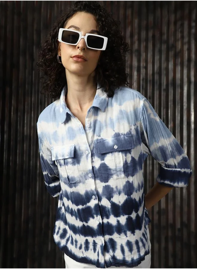 HIGH STAR Women Relaxed Spread Collar Tie and Dye Printed Cotton Boxy Fit Casual Shirt