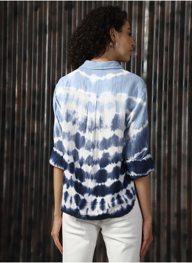 HIGH STAR Women Relaxed Spread Collar Tie and Dye Printed Cotton Boxy Fit Casual Shirt  - Image 5