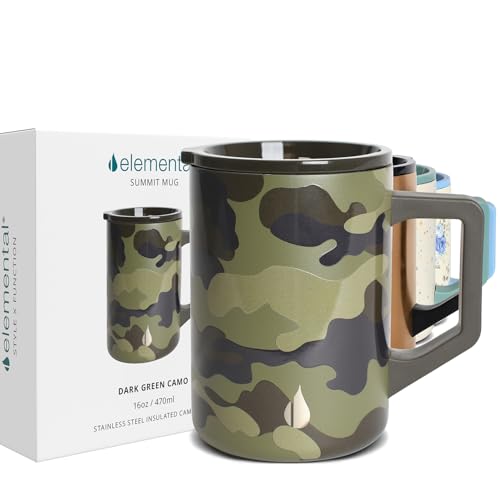 Elemental Insulated Coffee Mug TripleWall Stainless Steel Summit Travel Cup for Hot and Cold Drinks Thermal Coffee Mug with Lid and Handle for Camping Office Travel 16oz Dark Green Camo - Image 1