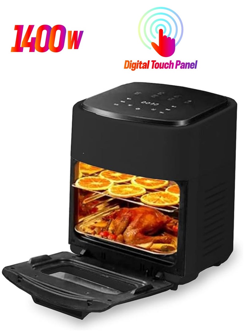PROMASS فرن القلي الهوائي، فرن تحميص هوائي كهربائي بقوة 1400 واط، فرن شواء عائلي بشاشة لمس LCD رقمية، إعدادات مسبقة 6 في 1 للخبز والتحميص والتجفيف مع ملحقات الخبز. (أسود-بي) - Image 1
