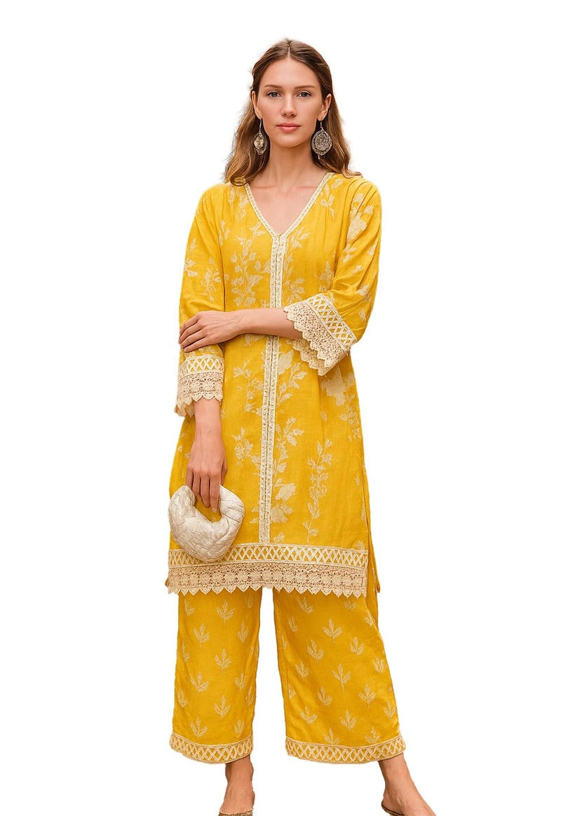 LookMark Women's Floral Printed Cotton Blend Straight Kurta and Pant Set | Kurta Set for Women | Women Kurta Pant Set | Yellow, Size M - Image 1