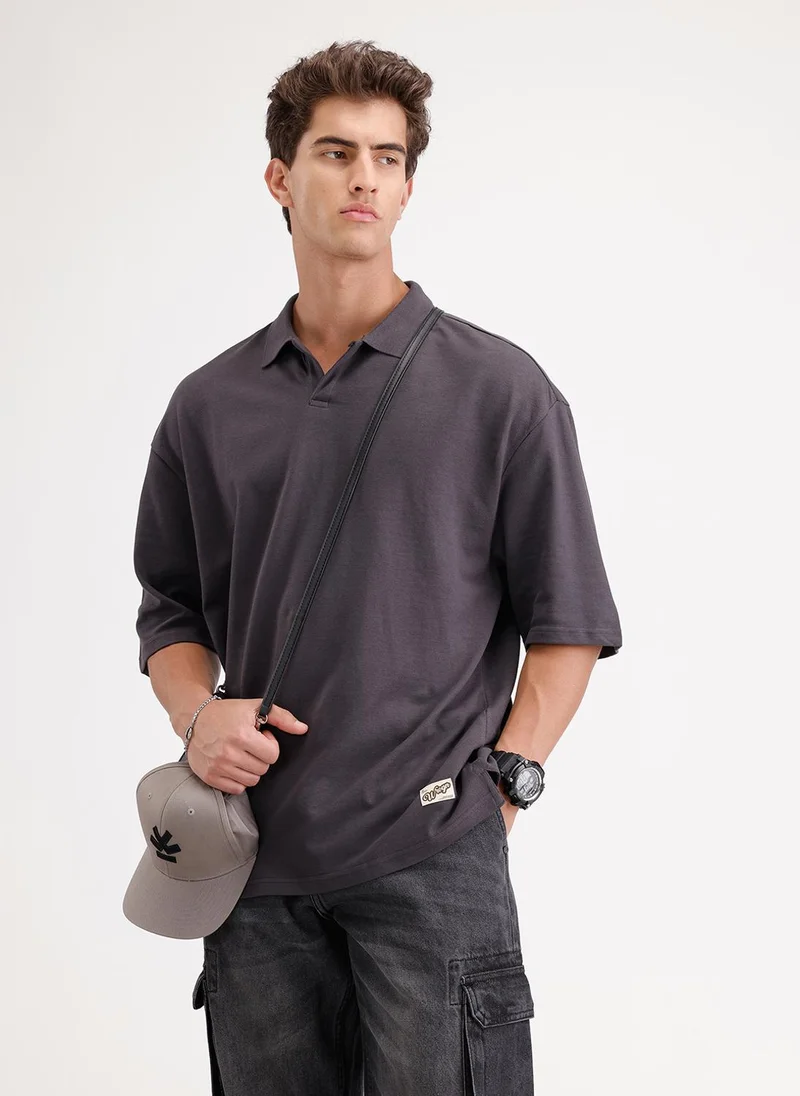 روجن Solid Oversized Polo T-Shirt | Dark Grey