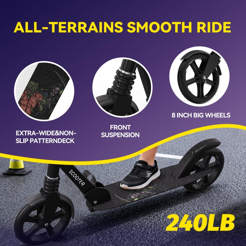 Nattork Kick Scooter for Teens Adults, Max Load 240 LBS, Adjustable Height Foldable with 8" Large Wheels, Anti-Shock Suspension Black - Image 2