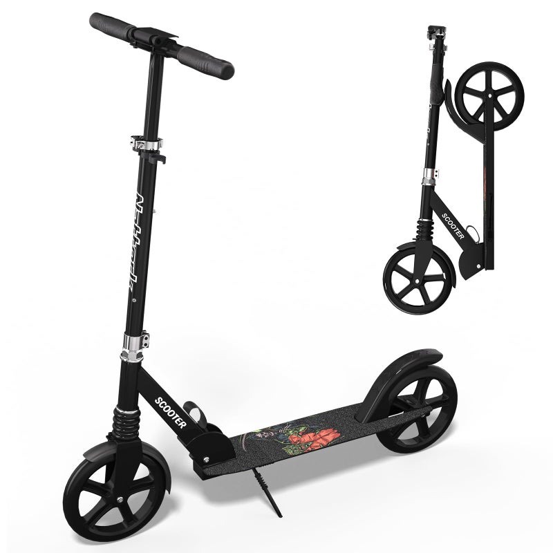 Nattork Kick Scooter for Teens Adults, Max Load 240 LBS, Adjustable Height Foldable with 8" Large Wheels, Anti-Shock Suspension Black - Image 1