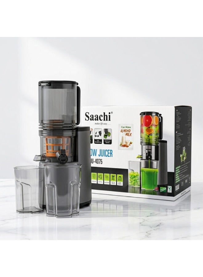 Saachi Slow Juicer NL-JU-4075-GY, Oversized Feed Chute, Slow Squeeze Technology, Full Copper Motor, BPA-Free, Juice & Pulp Separation, Low Noise, 1000ml Juice Container 250 W NL-JU-4075-GY Grey - Image 2