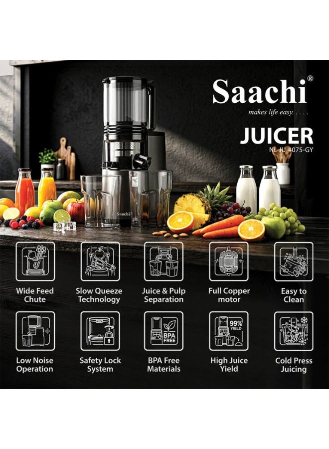 Saachi Slow Juicer NL-JU-4075-GY, Oversized Feed Chute, Slow Squeeze Technology, Full Copper Motor, BPA-Free, Juice & Pulp Separation, Low Noise, 1000ml Juice Container 250 W NL-JU-4075-GY Grey - Image 5