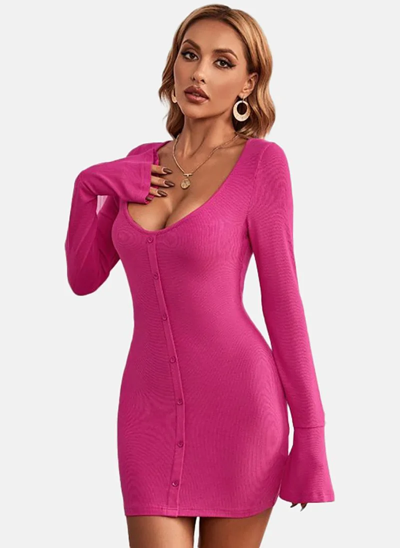 يونيكي Purple Solid Long Sleeve Boat Neck Mini Bodycon Dress