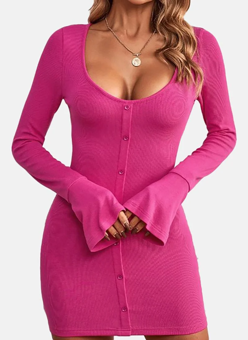 يونيكي Purple Solid Long Sleeve Boat Neck Mini Bodycon Dress