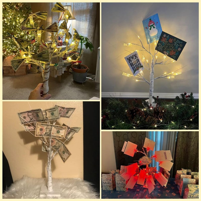 Taleasy 2 Pack Money Tree Gift Card Holder- DIY Birch Tree Lamp with 12 Clips and 24 Twig LEDs, Display Money Cash Photo for Birthday Christmas Home Party Festival Wedding (Coloured 2Pack) - Image 2