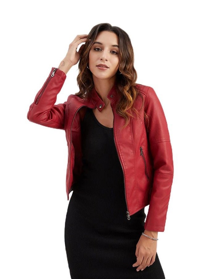 DEAR MODEL Faux Leather Jacket Women Bomber Jacket Women's Belted Motorcycle Jacket, Red, XXL - Image 1