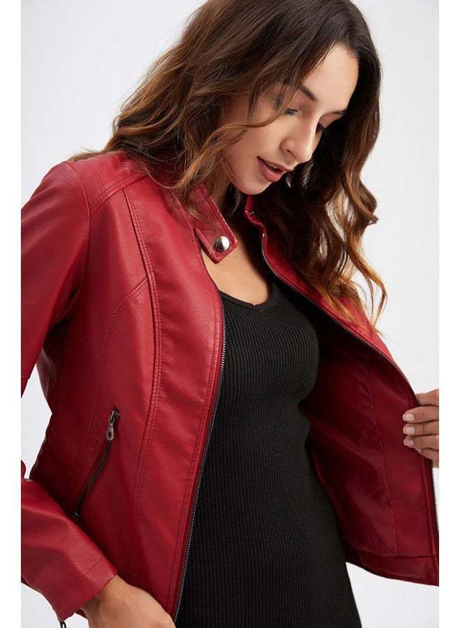 DEAR MODEL Faux Leather Jacket Women Bomber Jacket Women's Belted Motorcycle Jacket, Red, XXL - Image 2