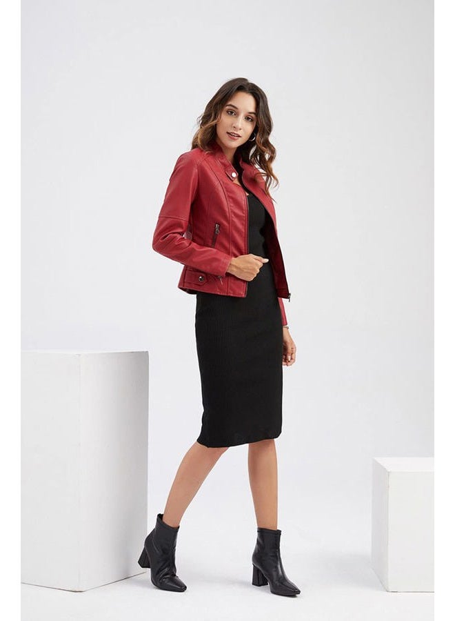 DEAR MODEL Faux Leather Jacket Women Bomber Jacket Women's Belted Motorcycle Jacket, Red, XXL - Image 3