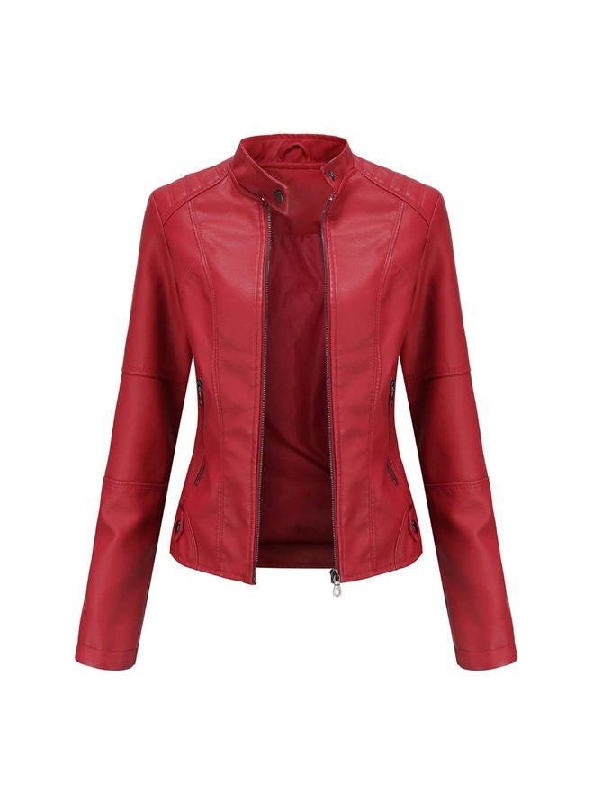 DEAR MODEL Faux Leather Jacket Women Bomber Jacket Women's Belted Motorcycle Jacket, Red, XXL - Image 5