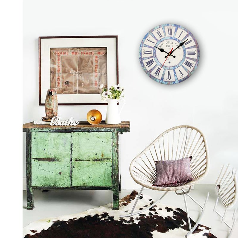 Silent Clock Country Style Retro Wall Clock Household Bedroom Living Room Hanging Wall Clock Decor without Battery (Sky- ) - Image 3