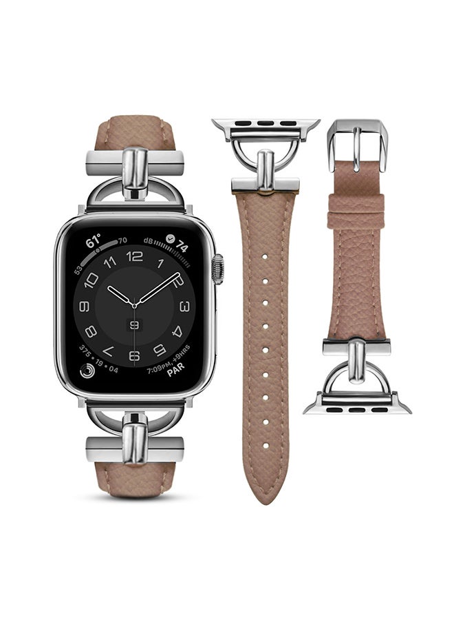 O Ozone Leather Band For Apple Watch Series 10 9 8 7 6 5 4 SE, 38/40/41/42mm Slim Strap with D-Shape Rose Gold Metal Buckle Strap- Light Brown - Image 1