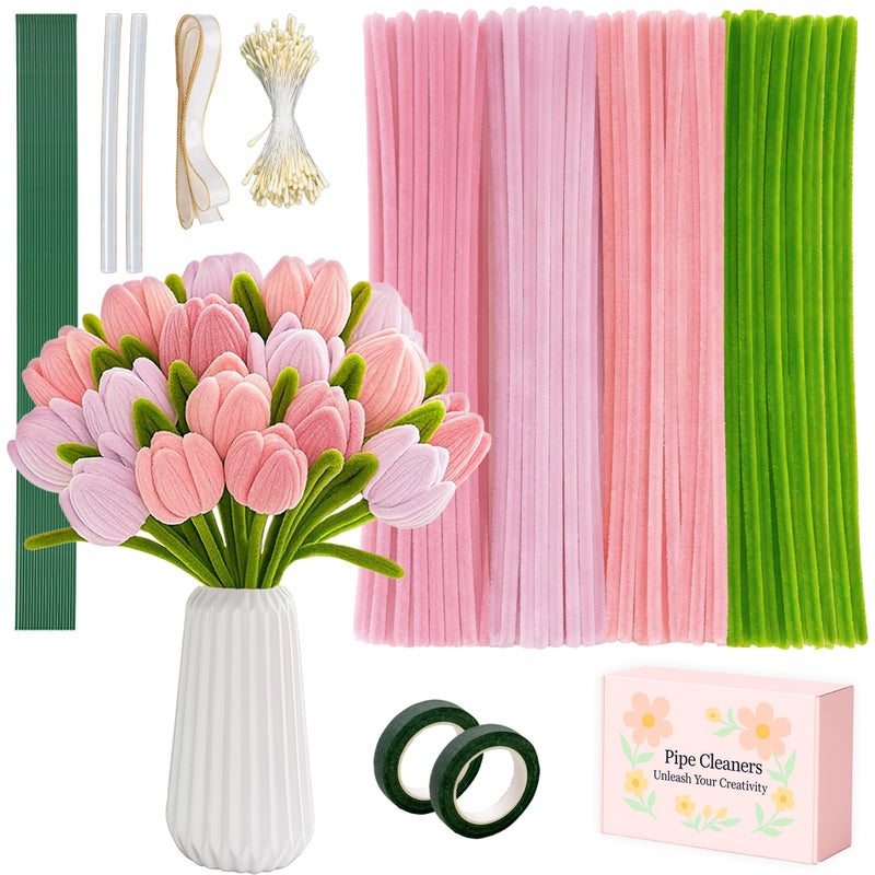brenzo Upgraded 2026 Pipe Cleaners Craft Kit: 400-Piece DIY Flower Making Supplies with Exclusive Color Palette | Includes Chenille Stems, Floral Wire, Gardening Tape, Stamen & Ribbon for Kids Arts & Crafts - Image 1
