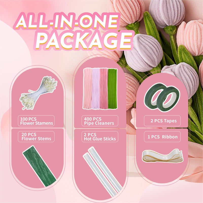 brenzo Upgraded 2026 Pipe Cleaners Craft Kit: 400-Piece DIY Flower Making Supplies with Exclusive Color Palette | Includes Chenille Stems, Floral Wire, Gardening Tape, Stamen & Ribbon for Kids Arts & Crafts - Image 2