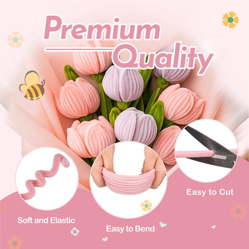 brenzo Upgraded 2026 Pipe Cleaners Craft Kit: 400-Piece DIY Flower Making Supplies with Exclusive Color Palette | Includes Chenille Stems, Floral Wire, Gardening Tape, Stamen & Ribbon for Kids Arts & Crafts - Image 3