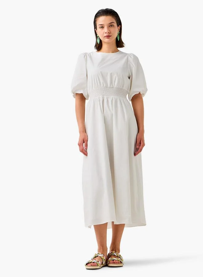 Splash FAV Smocked Detail Midi Cotton Dress with Balloon Sleeves