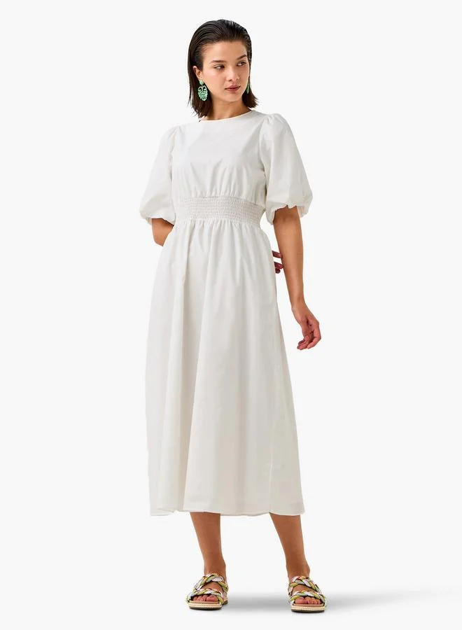 Splash FAV Smocked Detail Midi Cotton Dress with Balloon Sleeves