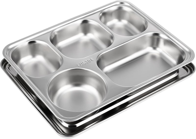 YARNOW Plates Set Dinner Stainless Steel Divided Dinner Plate: 1 Set of Rectangular Section Food Tray Sectional Dish Partitioned Food Serving Platter with Lid for Restaurant Divided Serving Dishes - Image 1